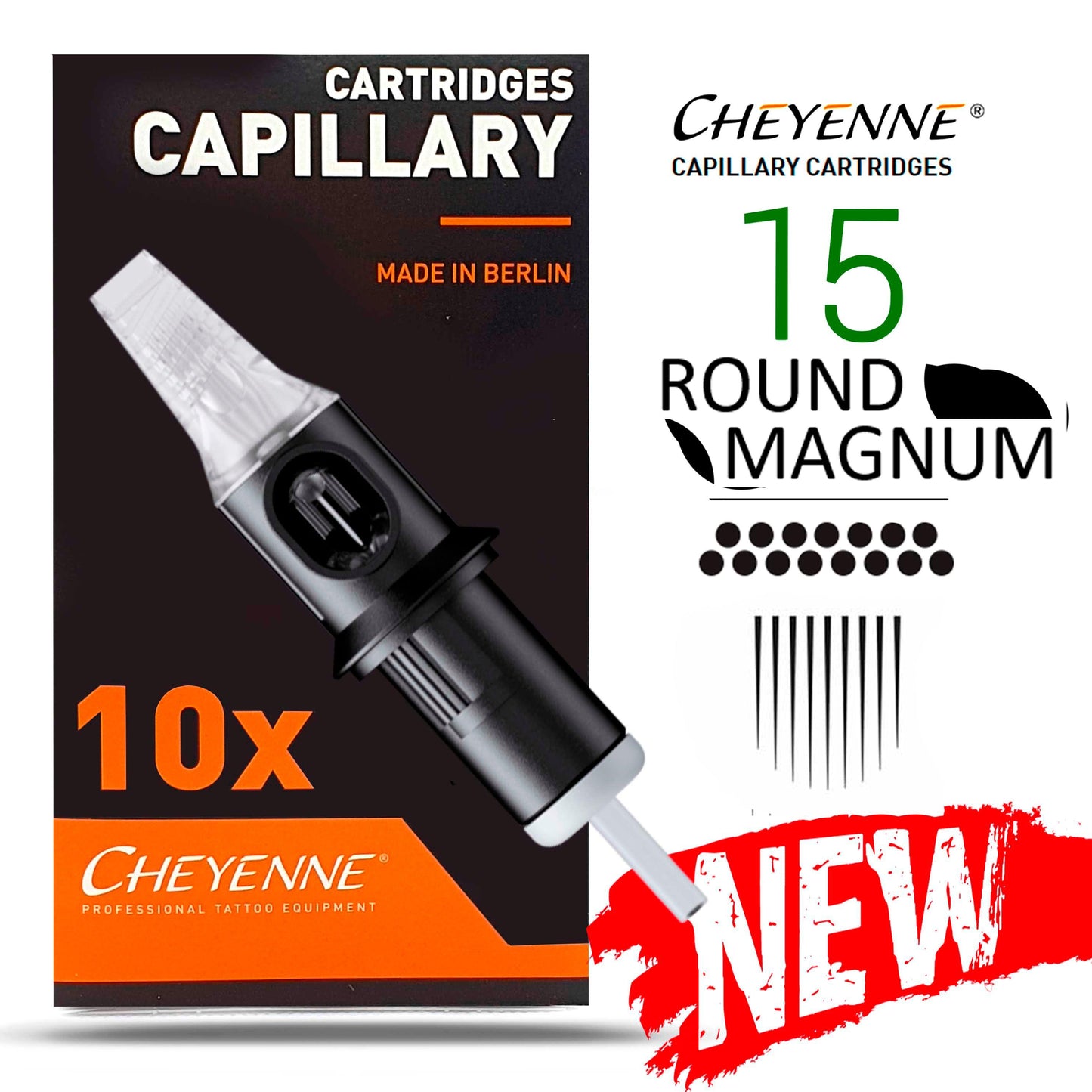 15RM – AGUJAS DE TATUAJES ROUND MAGNUM CAPILLARY CARTUCHOS CHEYENNE 10uds.